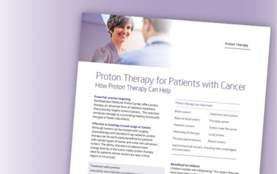 A picture of the Northwestern Medicine Proton Center Guide surrounded by a purple background.