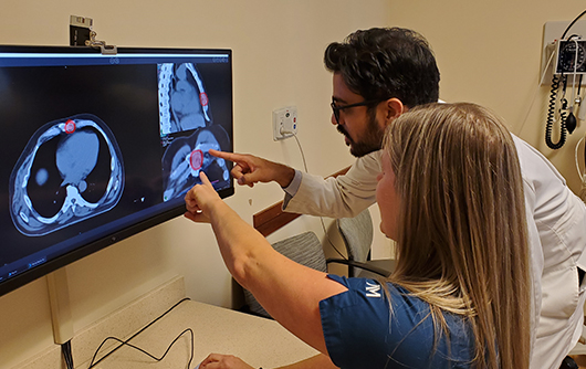 A male physician and female nurse looking and pointing at an imaging scan on a computer.